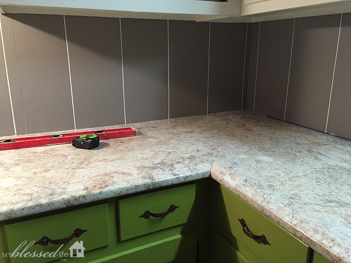 Easy DIY Herringbone Tile Painted Backsplash | MyBlessedLife.net